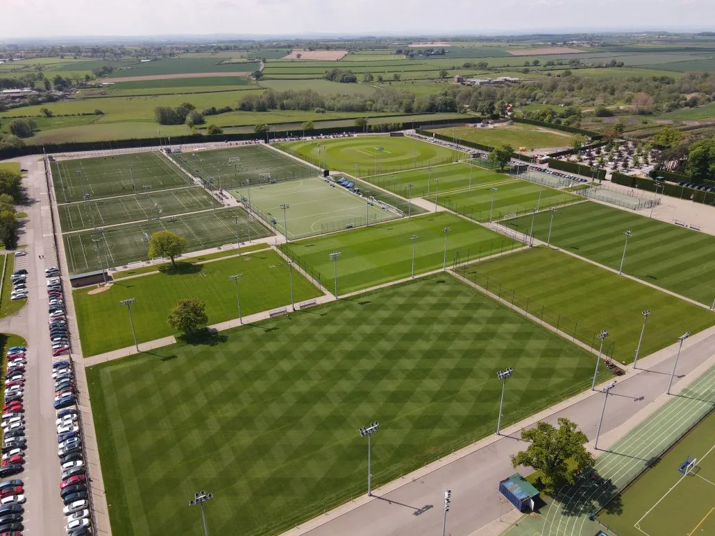 Aerial view of the pitches and facilities at Queen Ethelburga's College