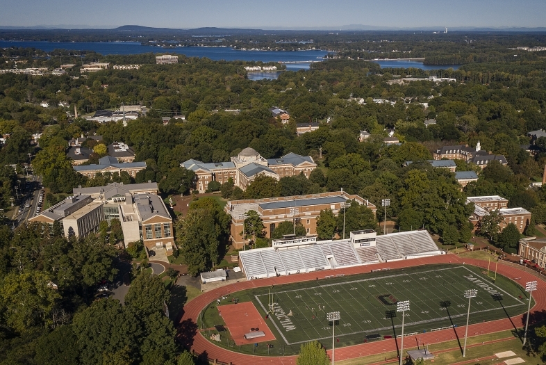 Aerial view of a U.S. college campus and athletics track
