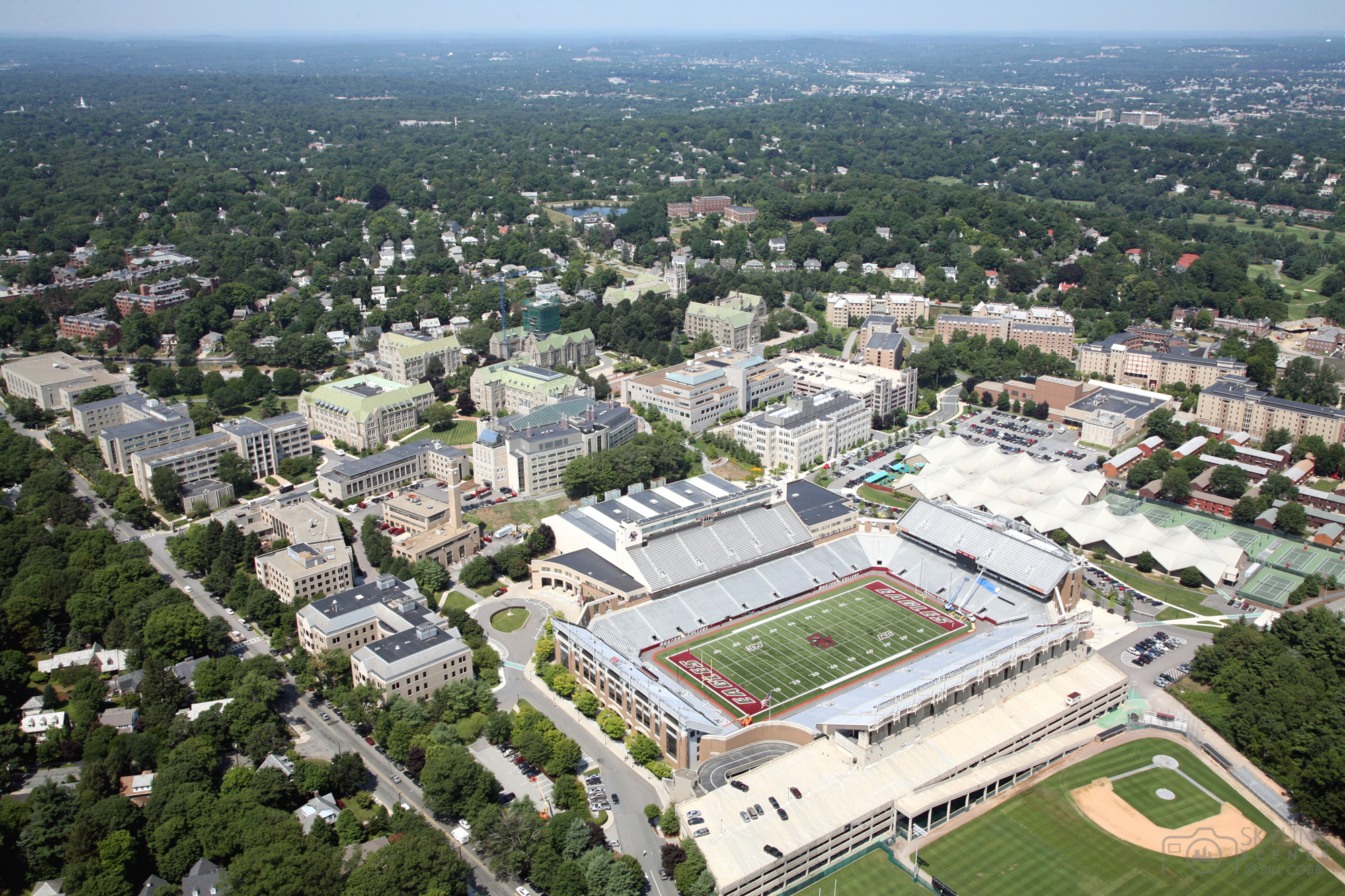 Aerial view of a U.S. college campus and athletics facilities